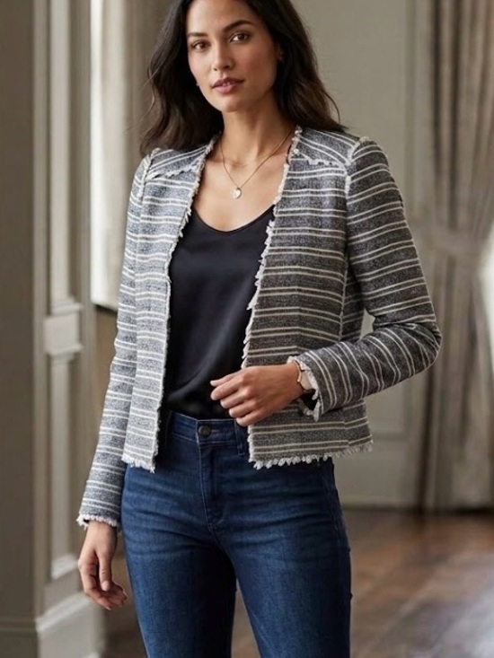 Mango Jackets & Blazers - Mango Suit Collection Striped Frayed Tweed Jacket Blazer Parisian Nautical Luxe